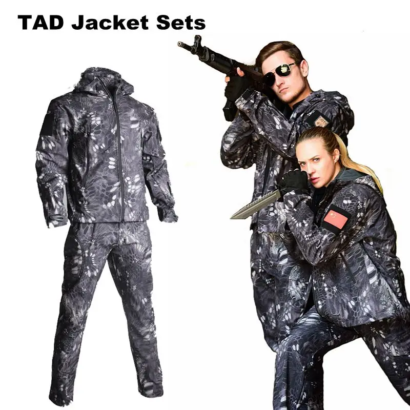 

TAD SoftShell Hunting Clothes Tactical Jacket + Pants Military Camouflage Army Suits Men's Hiking Camping Windbreaker Python
