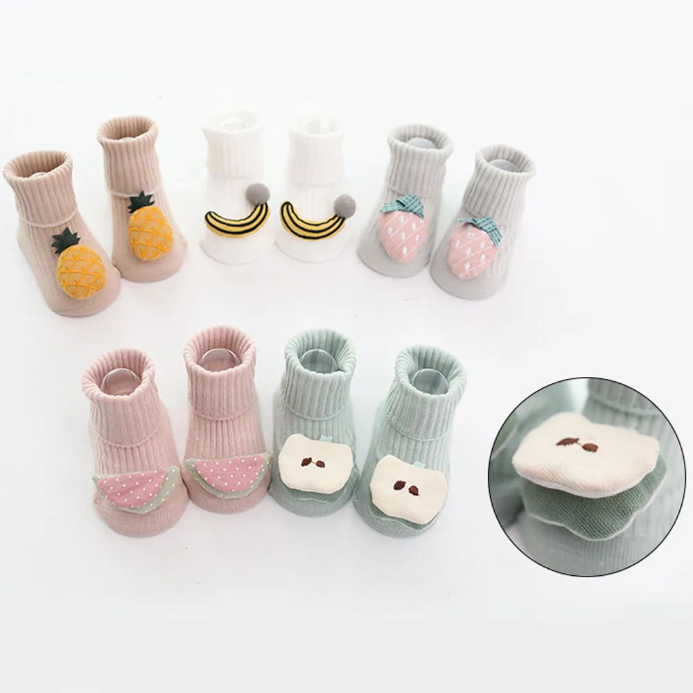 Хлопковые носки для детей от 0 до 18 месяцев Детские нескользящие носки-тапочки с рисунком фруктов из мультфильма для малышей на осень и весну
