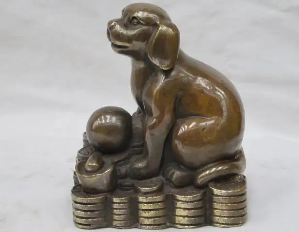 

S06572 5.5"China Feng shui luckly Bronze Geomantic money Coin zodiac Dog plutus Statue