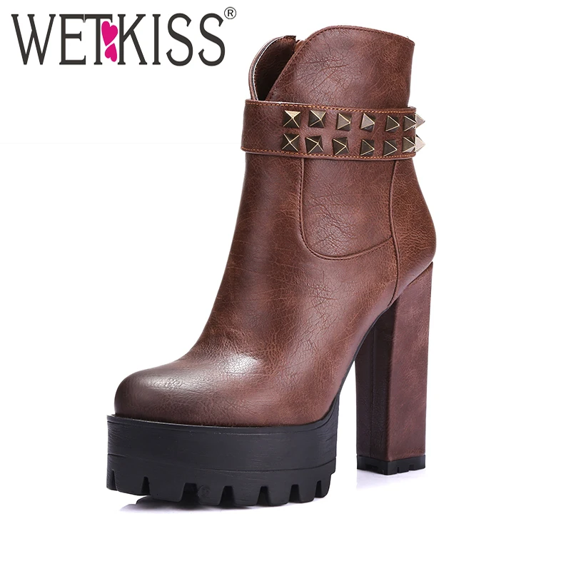 

WETKISS Fashion 2018 Women Short Boots Thick Heels Women Shoes Vintage Rivets High Heels Women Knight Boots Thick Sole Platform