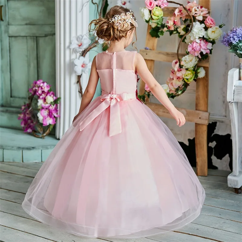 Детская одежда для девочек; кружевные Детские платья подружки невесты с цветочным узором; детское платье принцессы; Длинные вечерние платья для торжеств; Cosutme