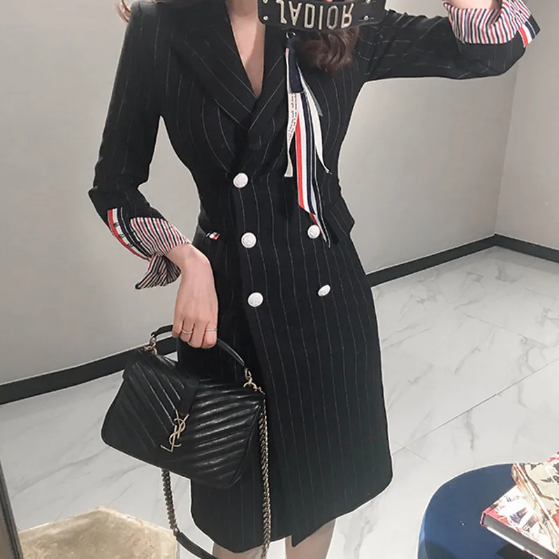 Plus Size Autumn Winter Women Coats Fashion Black Striped Full Sleeve Notched Button Suit Office Elegant Long Coat Work Coats