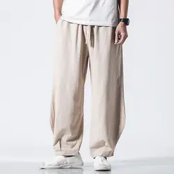 Корейский стиль мешковатые Для мужчин брюки Для мужчин широким хлопковые льняные шаровары брюки свободная полная длина большой Размеры