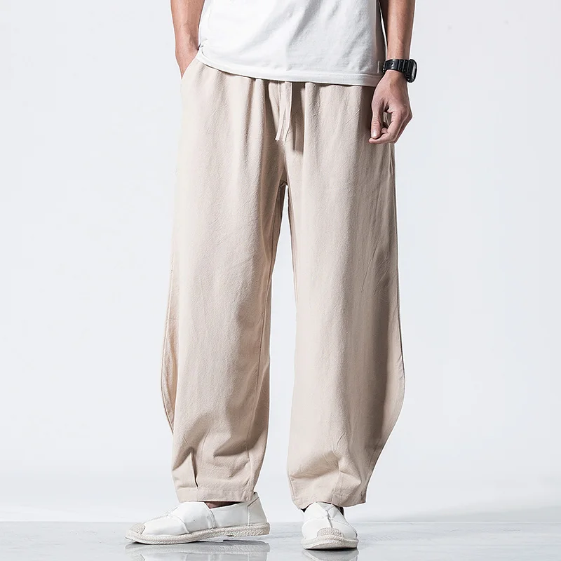 

Korean Style Baggy Men Pants Men's Wide Cotton Linen Harem Pants Loose Full Length Large Size Black Elastic Waist Joggers