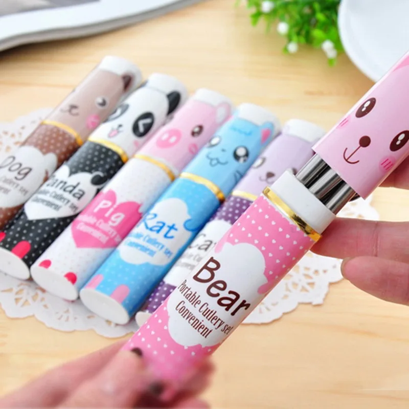 

IVYSHION 3PCs/set Stainless Steel Cutlery Dinnerware Set Fork For Students Kawaii Kids Portable Dinnerware Random Color