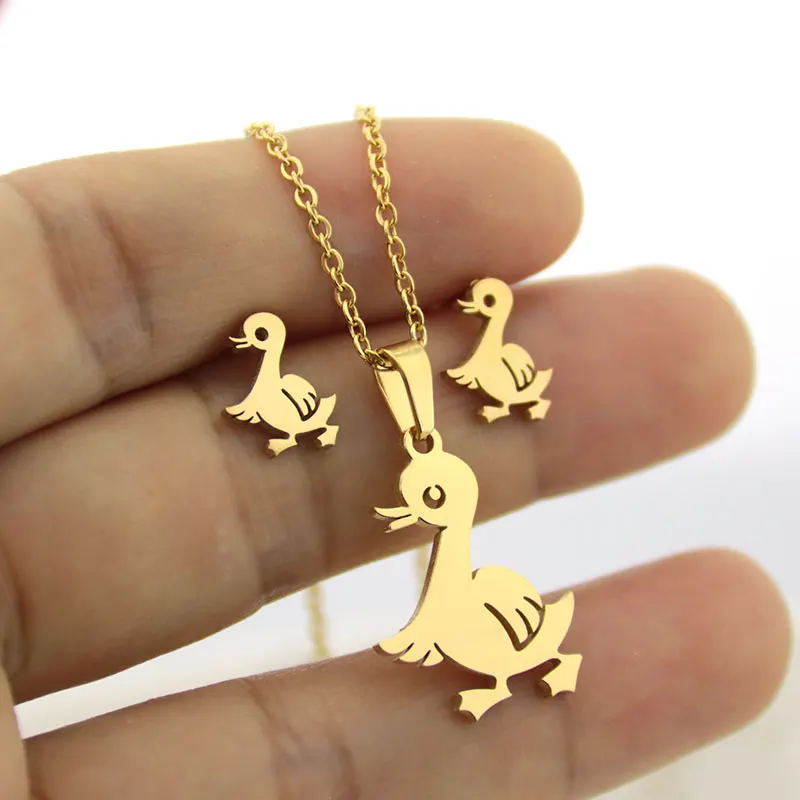 

1 Set Gold Color Stainless Steel Cute Cartoon Duck Jewelry Sets Charms Animal Earrings Necklace Women Girls Kids Birthday Gift