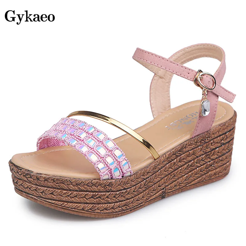 

Gykaeo Sweet Girls Street Casual High Heels Platform Sandals Women Metal Buckle Slope Summer Shoes Student Fashion Wedge Sandals
