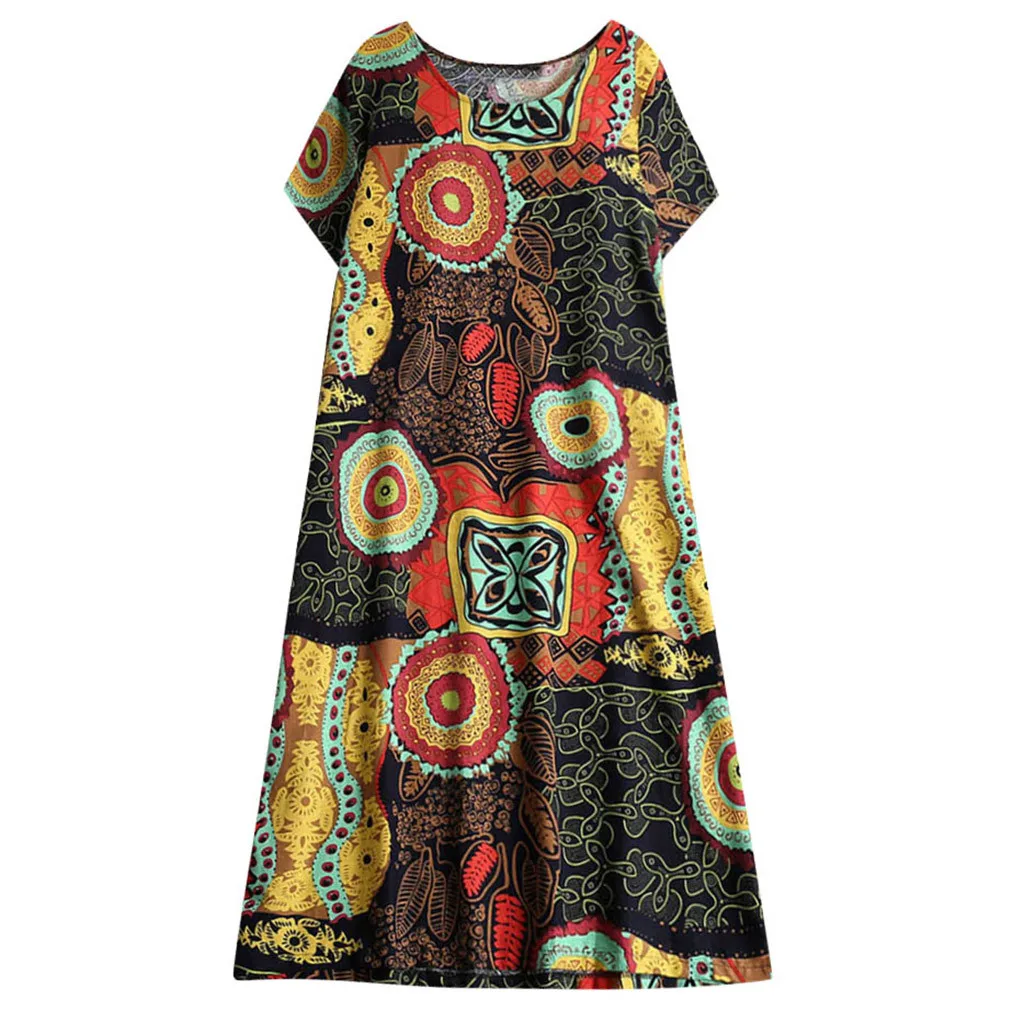 Свободное женское платье из конопляного хлопка, ретро этнический принт, короткий рукав, большой размер, милое утонченное благородное модное летнее короткое платье