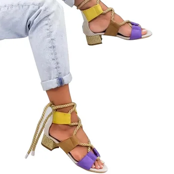 

ADBOOV Chunky Heel Women Sandals Rope Peep Toe Pumps Women Plus Size 42 43 Summer Shoes Sapato Feminino