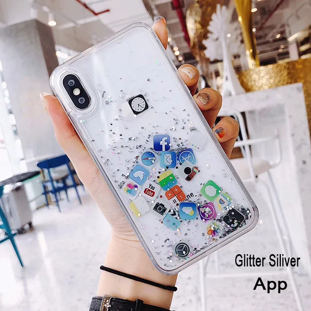 Чехол Quicksand Capinha для iPhone 11 Max Pro, динамический жидкий жесткий чехол из поликарбоната для iPhone 7 7Plus 8 6s Plus 5 SE X XR XS Max, значок приложения - Цвет: APP Glitter siliver