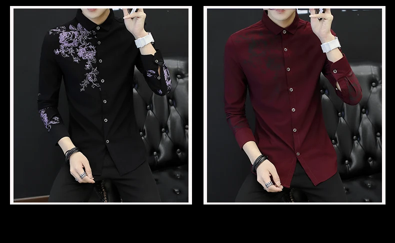 Классический Платье черного цвета рубашка Для мужчин с длинными рукавами рубашки с принтом Размеры 3XL Роуз шаблон рубашки человек Бизнес