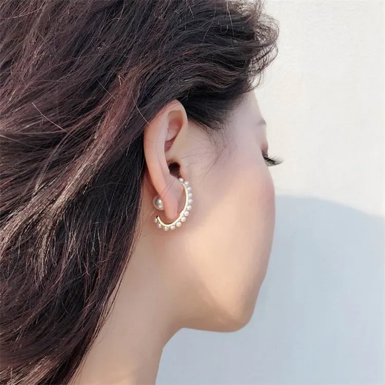 

MENGJIQIAO 2019 Korean New Hot Trendy C Shaped Simulated Pearl Boucle D'oreille Femme Fashion Bijoux Simple Small Hoop Earrings