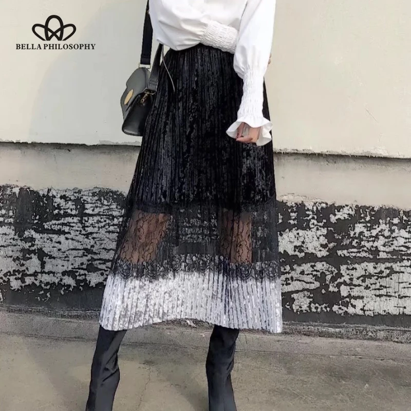 Bella Philosophy Женская Повседневная кружевная плиссированная рубашка Лоскутная хлопковая юбка до середины икры модная бархатная женская рубашка