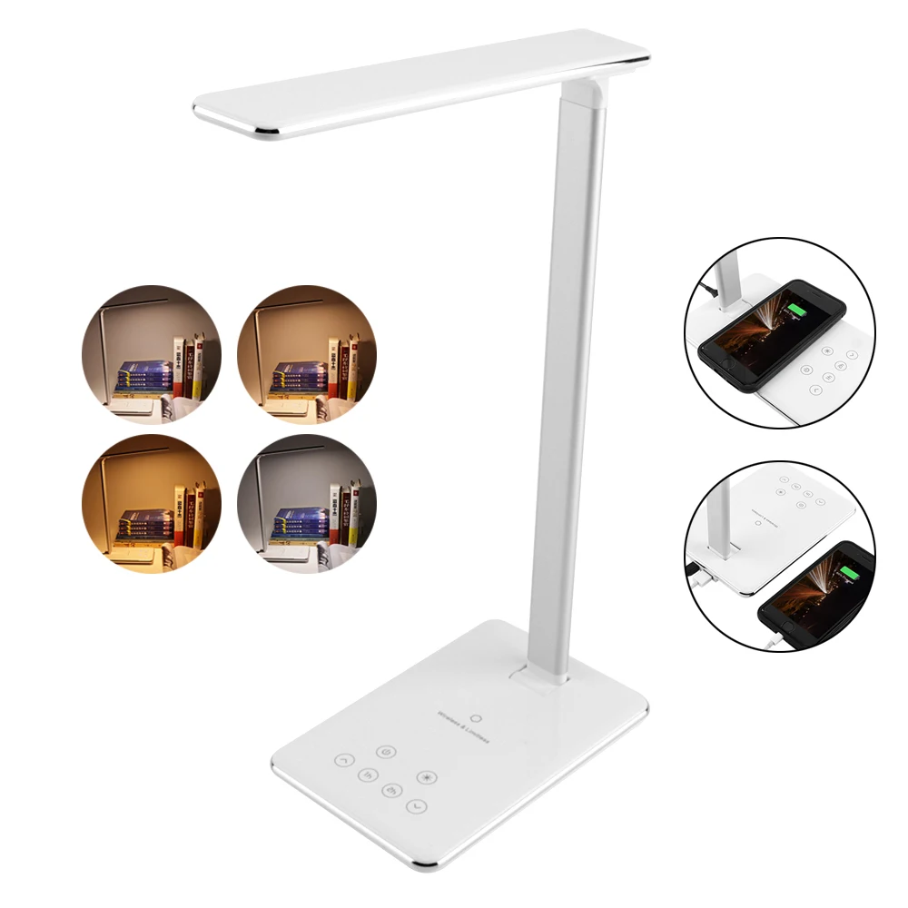 

BORUiT Concise Style Folding LED Desk Lamp 4 Light Color Dimmabl Eye Protection Table Lamp With Wireless/USB Output Charger