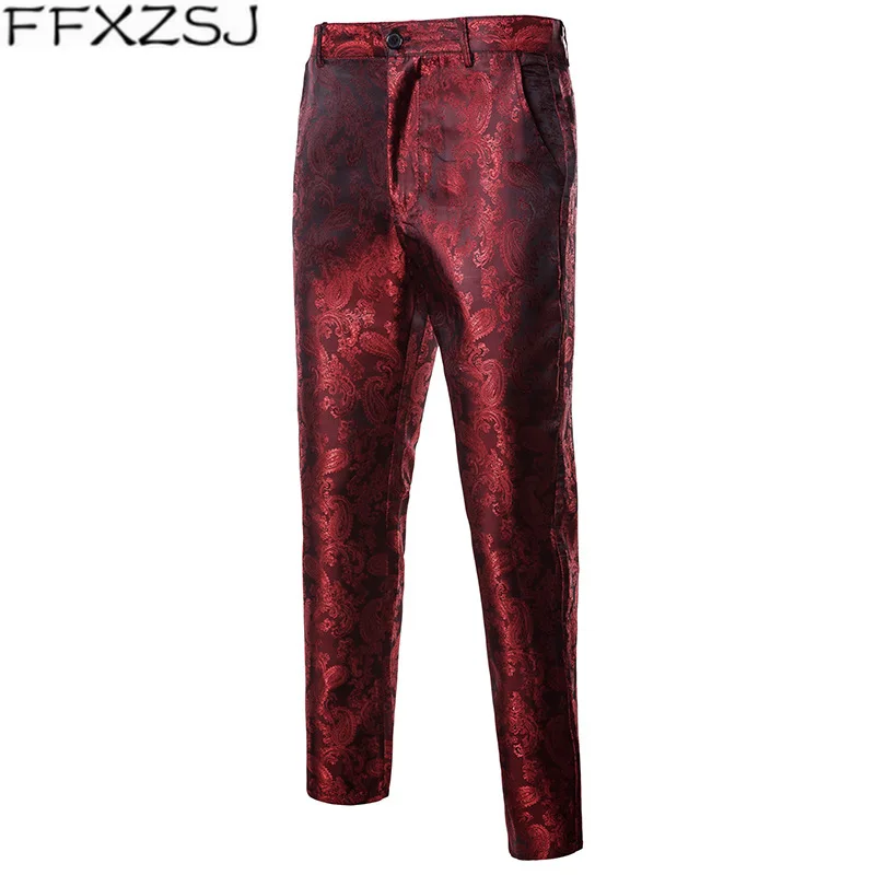 

Wine Red Paisley Dress Pants Men 2019 Brand New Skinny Trousers Men Wedding Party Stage Singer Prom Suit Pants Pantalon Homme