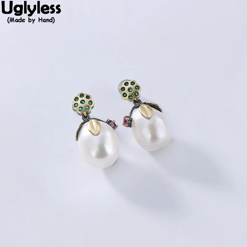

Uglyless Nature Freshwater Baroque Pearls Earrings for Women Elegant Green Crystal Flower Earrings Solid 925 Silver Fine Jewelry