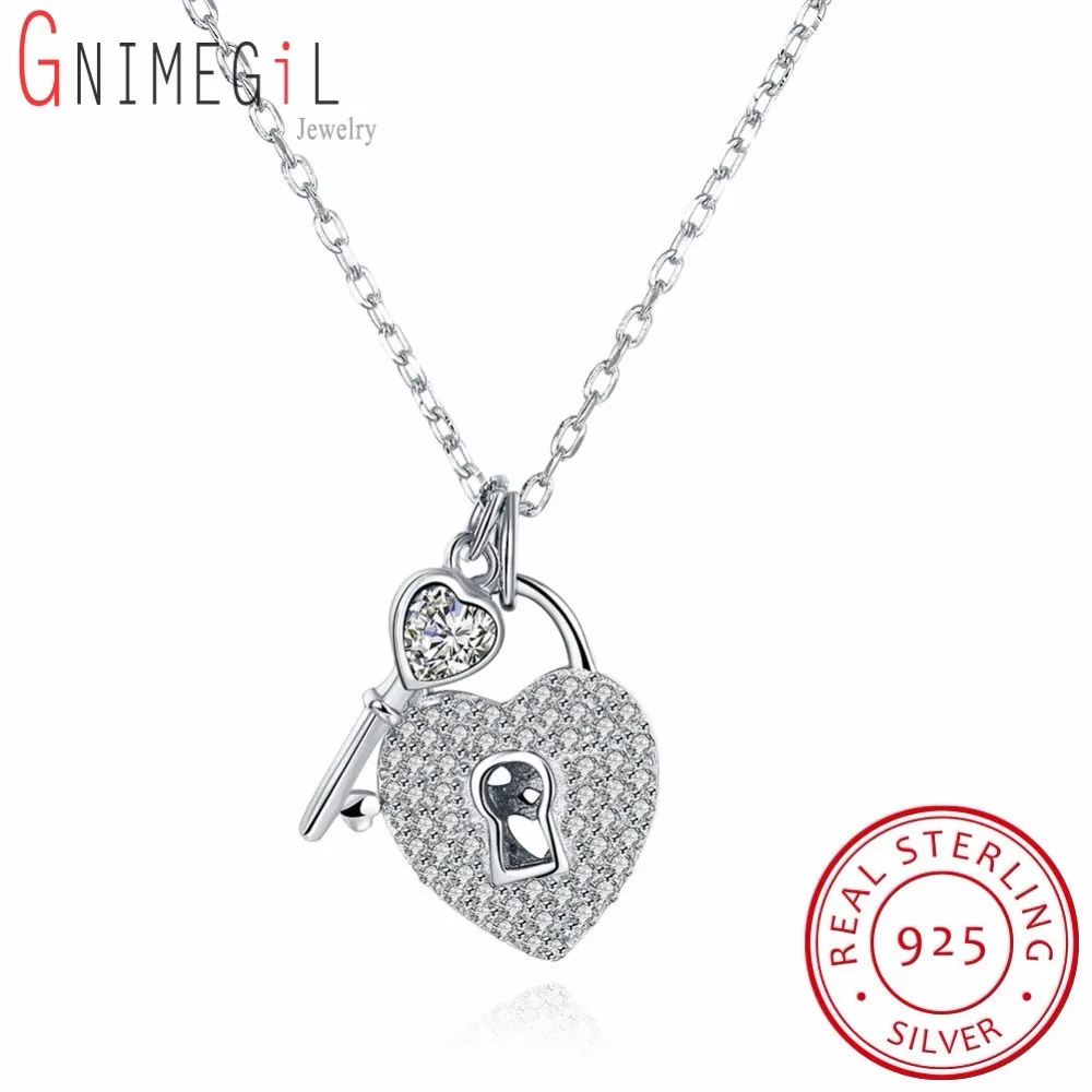 

GNIMEGIL 925 Sterling Silver Key and Heart Lock Charm Pendant Necklace For Women Romantic Necklace Crystal Wedding Jewelry Colar