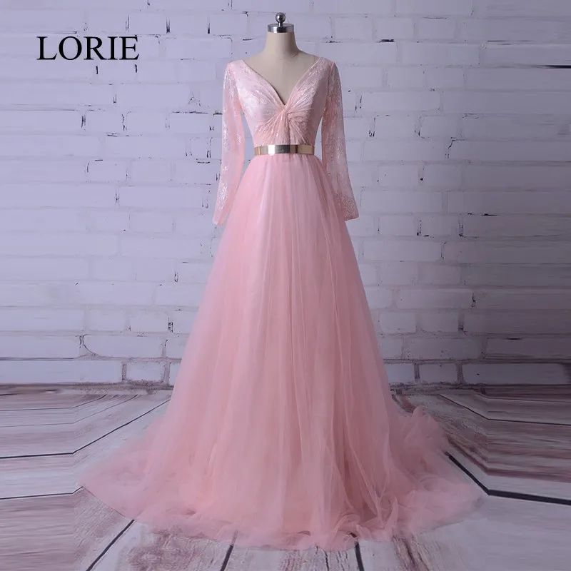 

Plus Size Long Sleeved Evening Dresses Robe de soiree 2017 solde A Line Pink Lace Prom Dress With Gold Sash Women Party Gowns