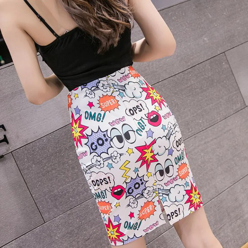 Women's Pencil Skirt Cartoon Letters Print High Waist Bodycon Skirts Lady Summer Sexy Slim Female Mini Spodnica Falda SP615