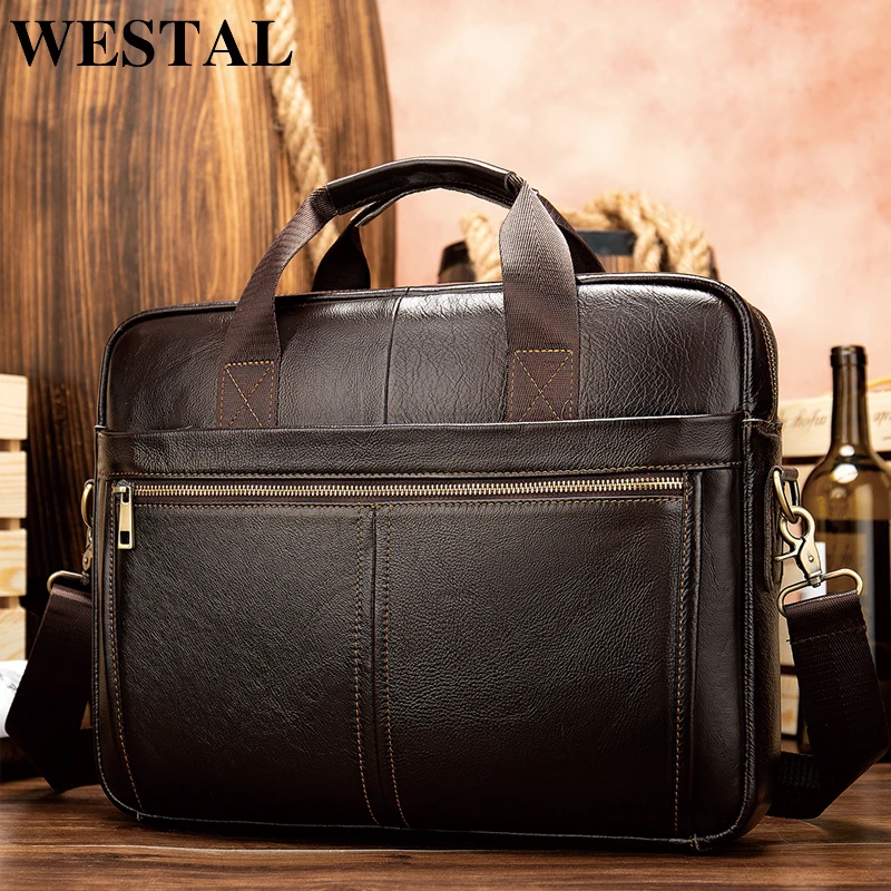 WESTAL briefcase messenger bag men's genuine leather 14'' laptop bag men's briefcases office busine - 33010261747
