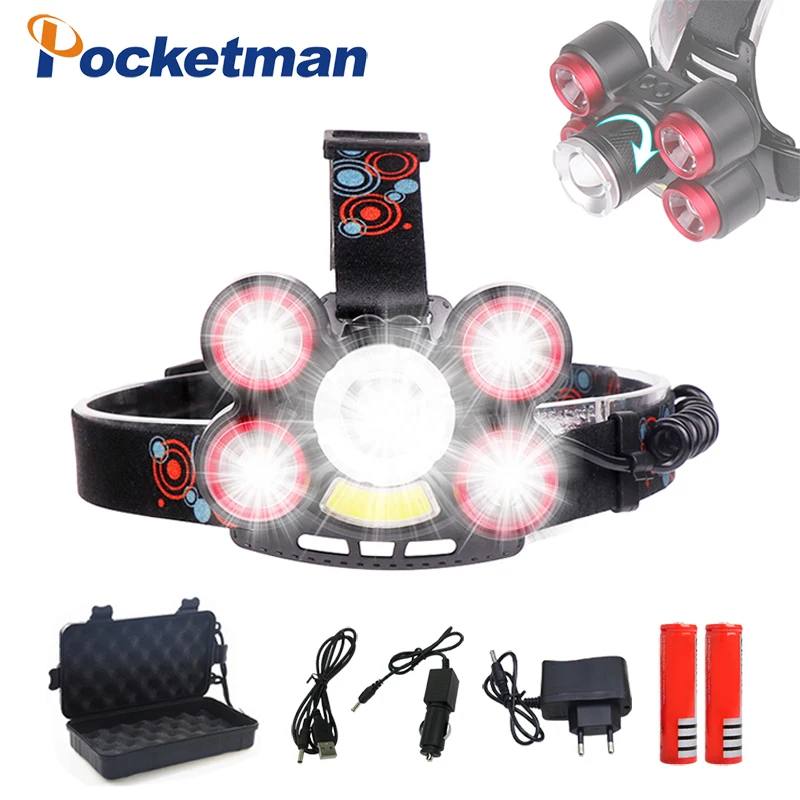 

40000 lm Headlamp T6+XPE+COB LED Headlight 5 mode Zoom Head lamp Rechargeable Forehead Light Use 2*18650 Battery