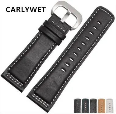 

CARLYWET 28mm Real Calf Leather Handmade Black with White Green Blue Stitches Wrist Watch Band Strap Belt Clasp