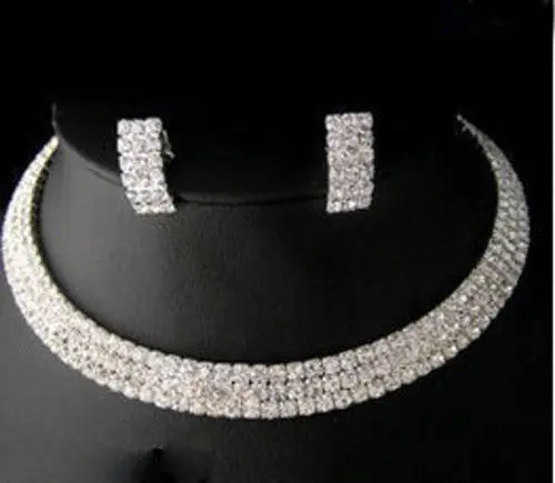 

free shipping>>> Jewelry Wedding/Bridal 3 rows crystal necklace earrings sets NEW