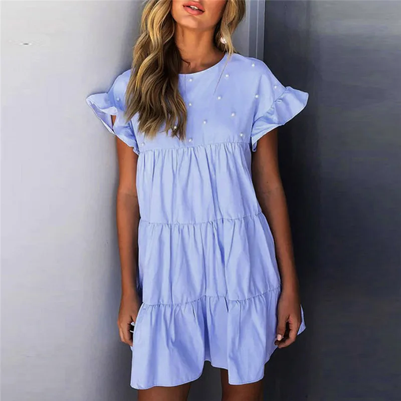 

JAYCOSIN 2019 Summer Dress Women Ruffles Short Sleeve O Neck Solid Loose Swing Dress Party Mini Dresses Sweet Casual Sundress