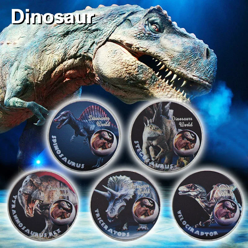 

WR 5 Pcs Dinosaur World Silver Coin Festival Souvenir Gifts Dinosaur Series Color Silver Plated Coins Thanksgiving Gif