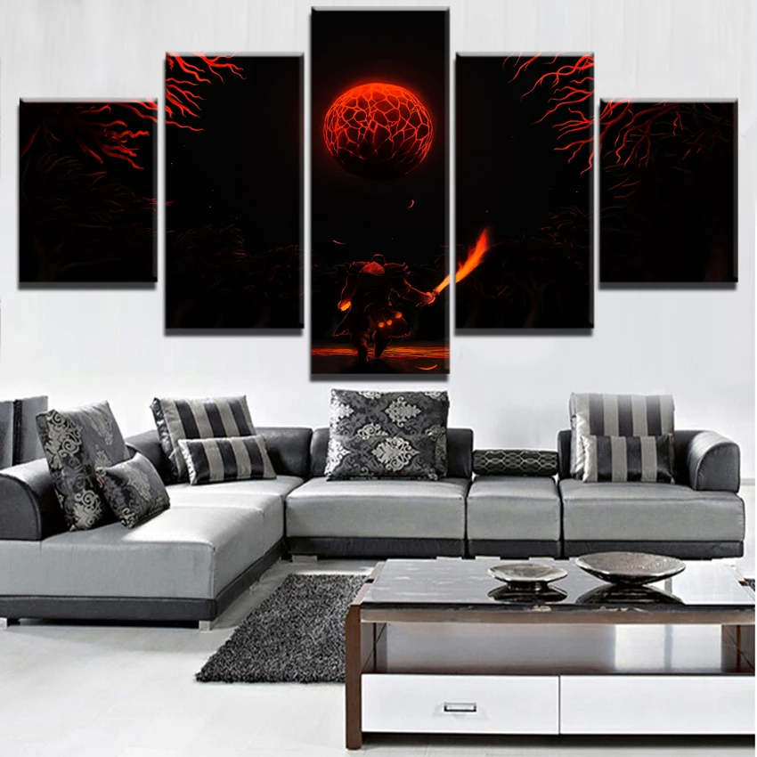  Wall Art Canvas Unique Pictures Home Decorative Framework 5 Pieces DotA Red Moon Night Game Poster 