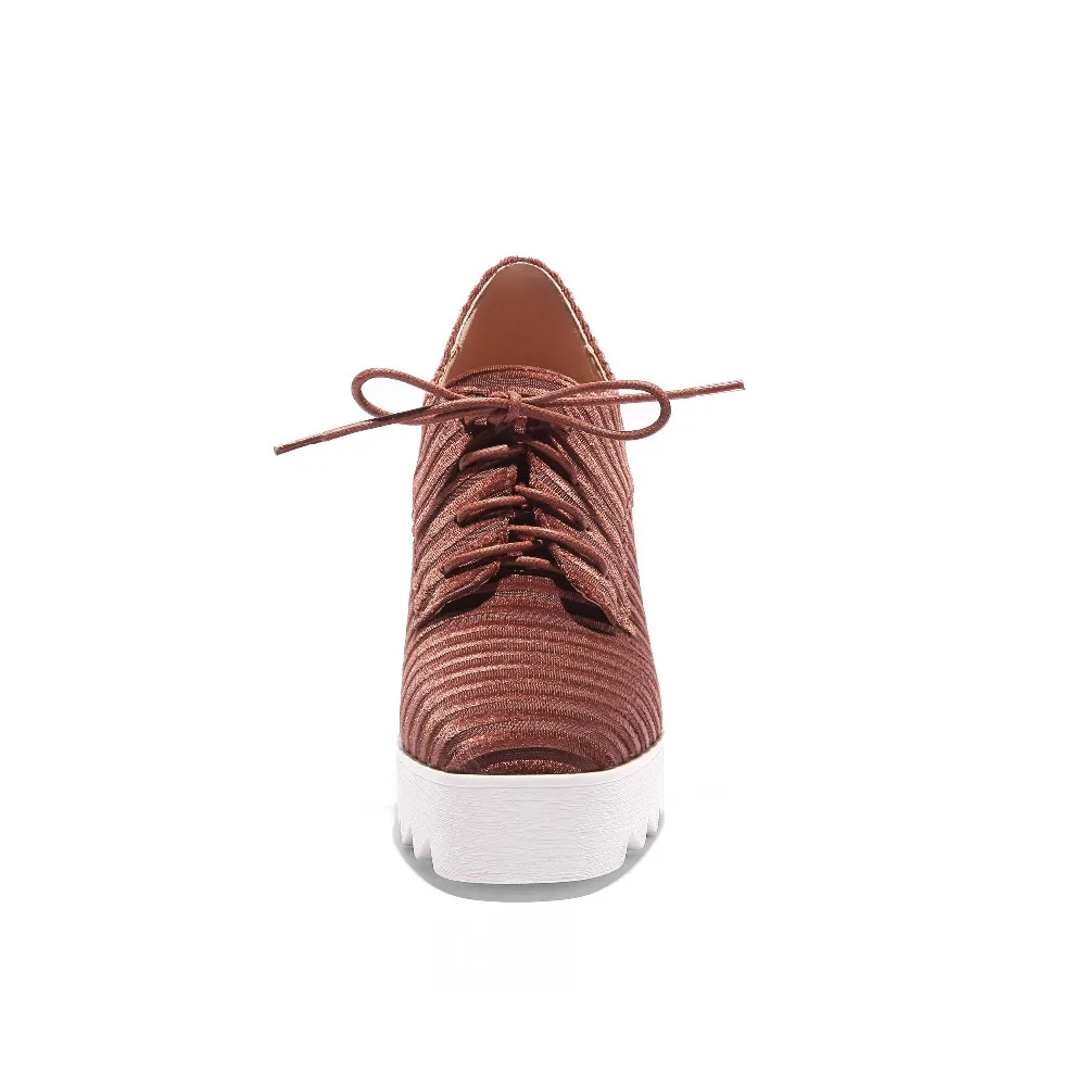 Lenkisen Kausalen Erhöht Flock schokolade High Mode Frauen Einkaufen Lace Neue Heels rosa Up L1f5 Toe Schwarzes Pumpt Keile Feste Platz Super Plattform YYg7qrA