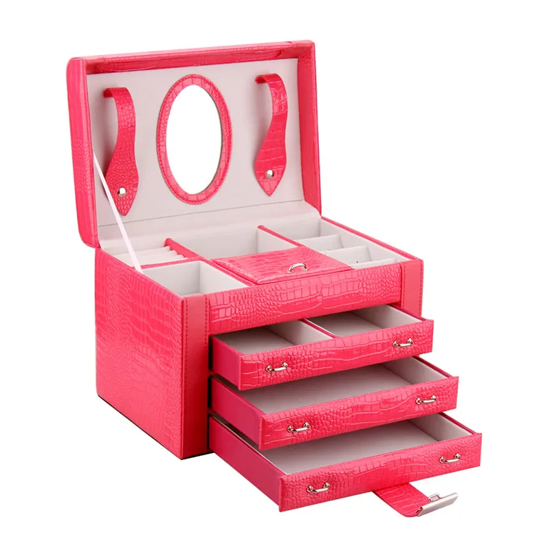 

Large PU Leather Jewelry Box Velvet Necklaces Earings Vintage 4 Layers Storage Case Display Organizer Mirror Crocodile Pattern