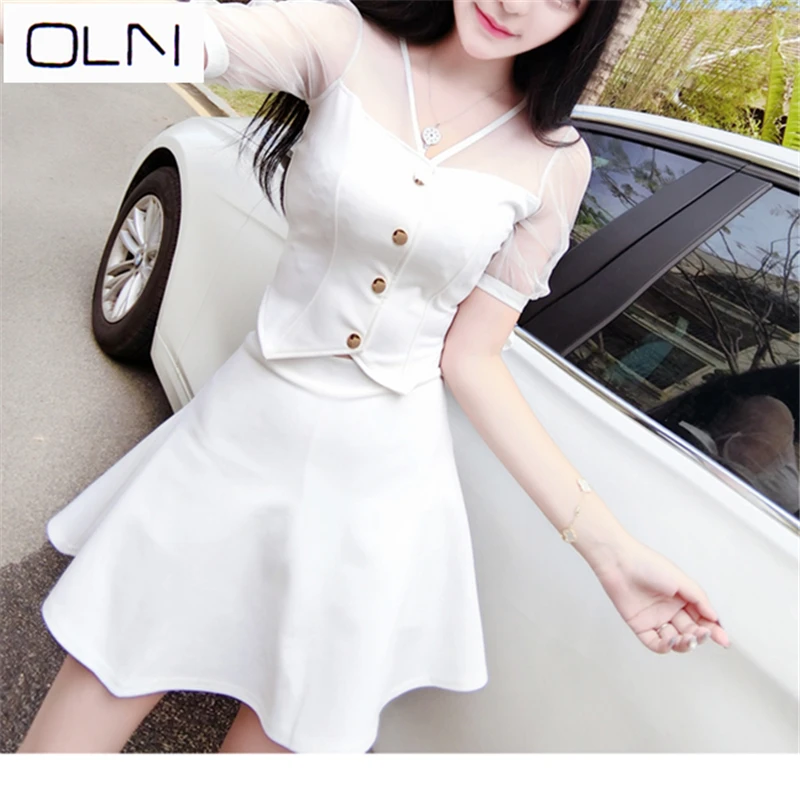 

Korean version of the ladies temperament V-neck perspective mesh bow high waist A word skirt two-piece suit dress