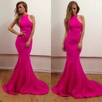 Vestidos de fiesta New Fashion 2014 Halter Fushcia Long Prom Dresses Mermaid Evening Party Gowns BO5736