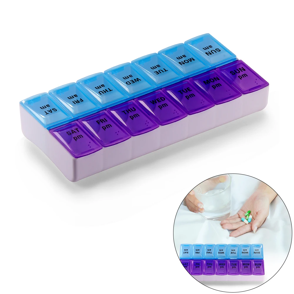 

2 Row 14 Squares Medicine Storage Organizer Container Case Weekly 7 Days Tablet Pill Drug Box Holder Dispenser Health Care