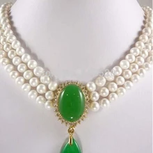 Прекрасный прекрасный модный чокер с бижутерией 3 нити белый пресноводный жемчуг и с зелёными камнями ожерелье серьги набор слово