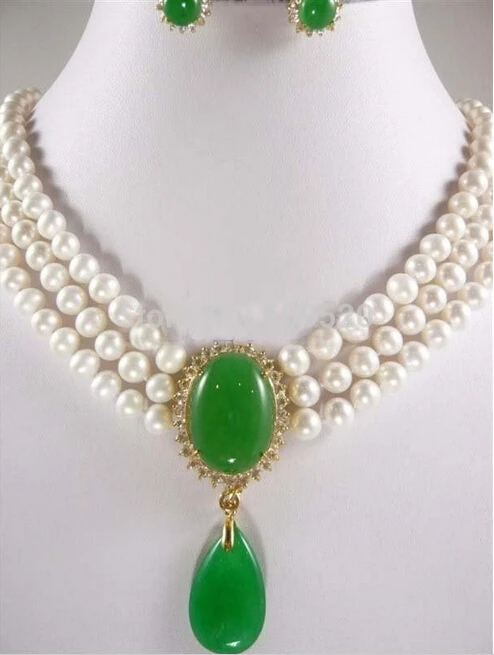 

Lovely Fine Fashion jewelry choker 3 Strands WHite Freshwater Pearl & Green gem Necklace Earring set word SHIPPING
