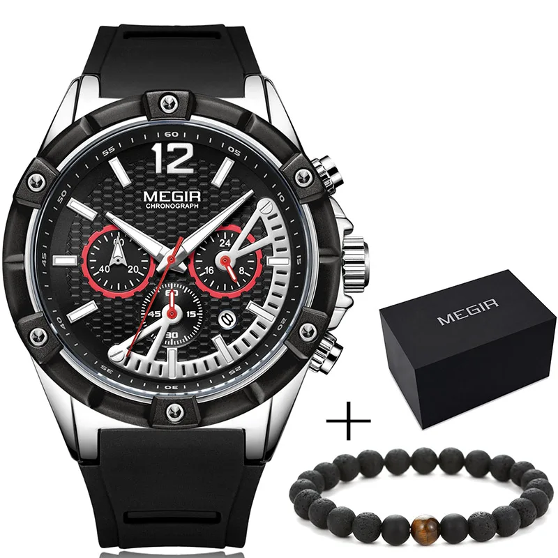 Megir Роскошные Лидирующий бренд хронограф кварцевые часы для мужчин черный синий силиконовый ремешок Спортивные наручные часы для мальчика секундомер - Цвет: silver black