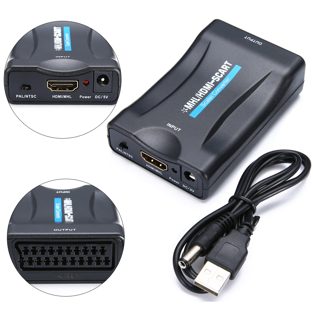 

1080P MHL HDMI To SCART Video Audio Upscale Converter AV Signal Adapter HD Receiver TV STB DVD with USB Cable