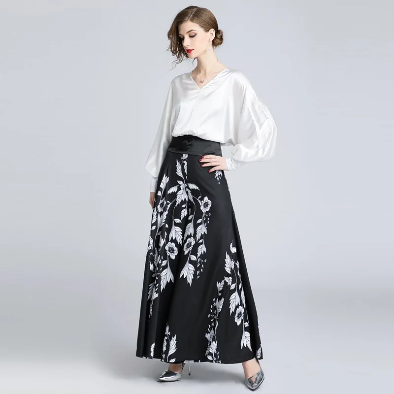 

Two Piece Wide Leg Pants Set Women 2019 New Spring Fashion Elegant White Chiffon Blouse And Floral Black Dress Pant Suit