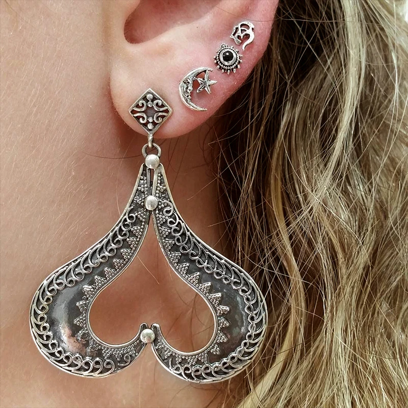 

4 Pcs/set Lady Personality Punk Big Heart Moon Star Crystal Pendant Earrings Bohemian Retro Wedding Jewelry Accessories