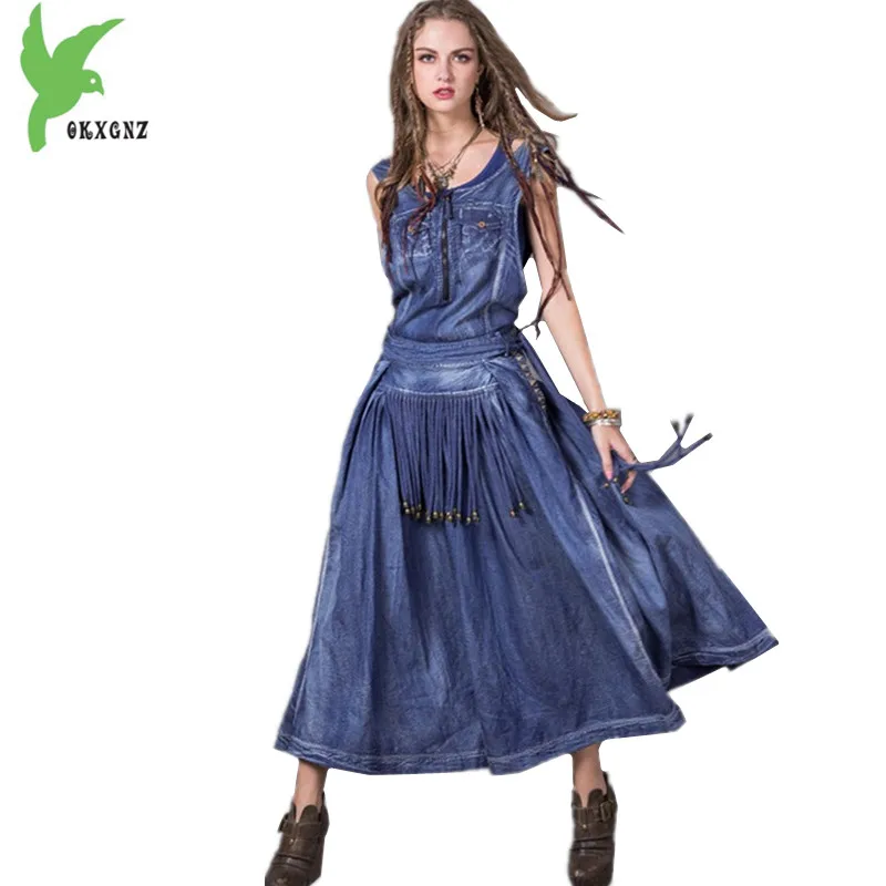 

Summer Denim Dress Female Costume Embroidered Tassels National Style Dress Plus Size Sleeveless Big Swing Cowboy Dress OKXGNZ589