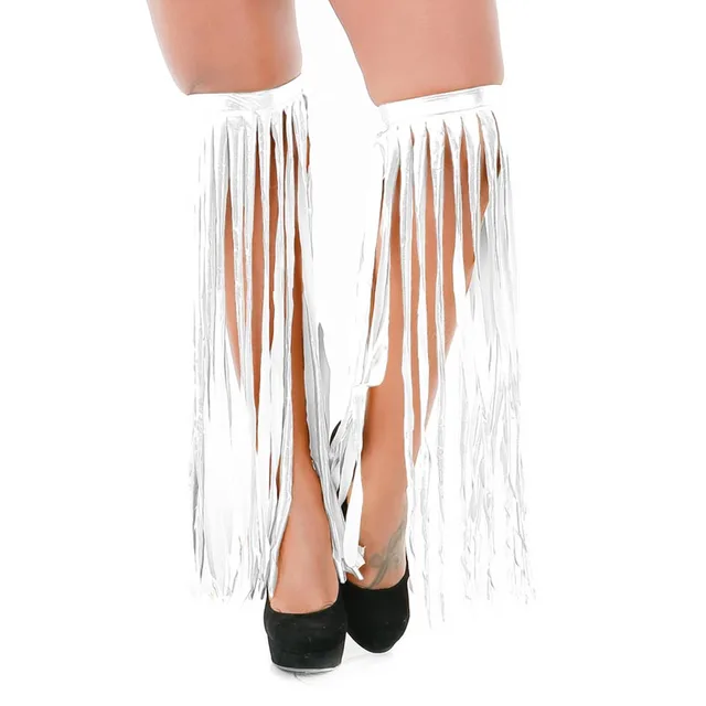 Sexy Women Metallic Shiny Body Tassel Leg Warmer Bands Elastic Ribbed Top Rave Stripper Dance