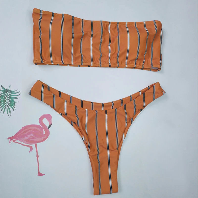 

New Sexy Orange Stripe Bikini Women Swimsuit Strapless Bandeau Bathing Suit S-XL Girl Backless Padded Swimwear Micro Bikini Set