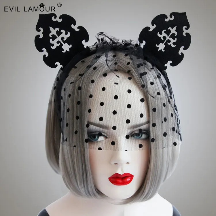 New Halloween Fashion Black Dot Mesh Headbands Girl Cutie Cat Ear 