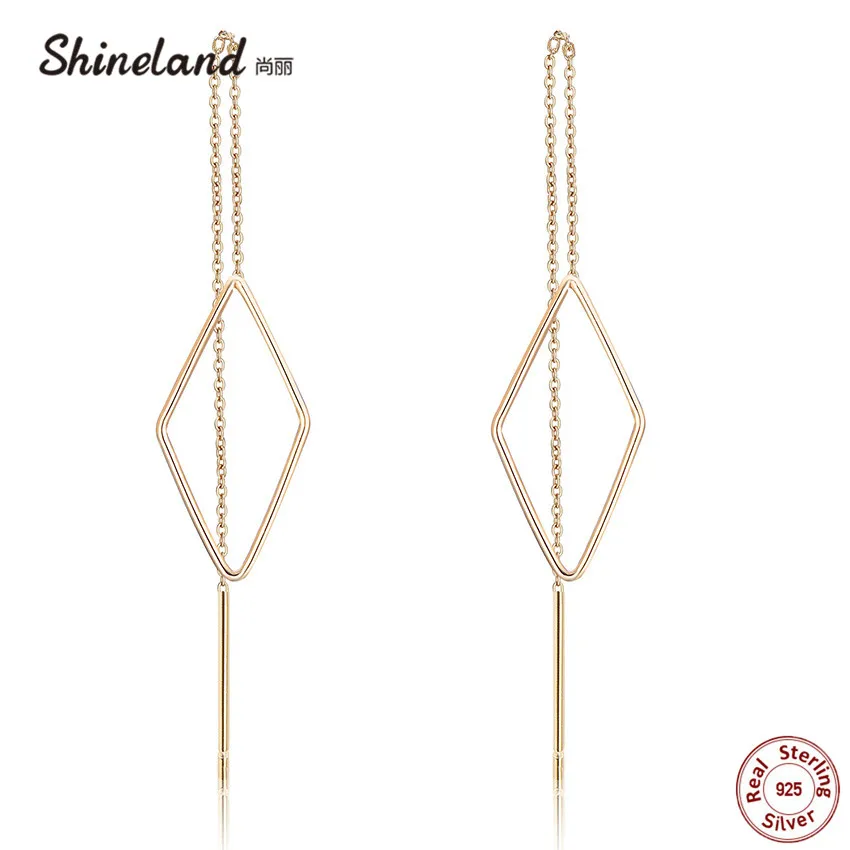 

Shineland 925 Sterling Silver Long Chain Geometric Drop Earrings For Women Simple Rhombus Hollow Prevent Allergy Trendy Brincos