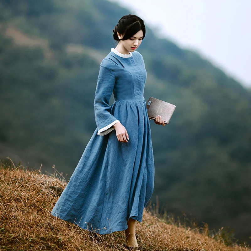 

LYNETTE'S CHINOISERIE Spring Autumn Original Design Women Vintage Slim Stand Collar Linen Dresses