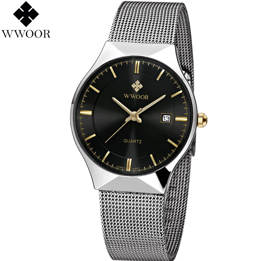 Новая Мода топ luxury brand WWOOR часы мужские кварцевые часы из нержавеющей стали сетка ремешок ультра тонкий циферблат часы relogio masculino - Цвет: Черный