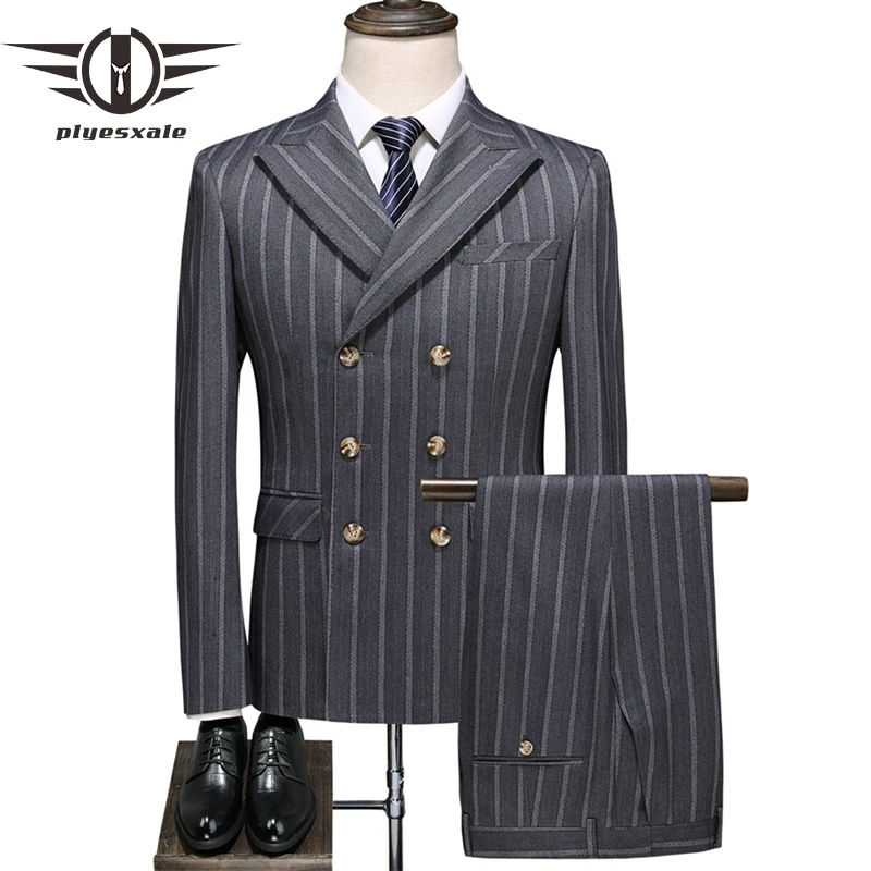 

Grey Stripe Suit Men 2019 New Slim Fit Wedding Suits For Men Luxury Costume 3 Pieces Homme Double Breasted Formal Suit Man Q702