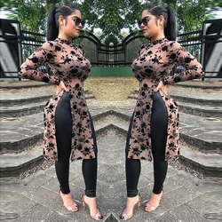 2019 Primavera Feminina Moda Malha Estampa Longa Tops Gola Alto High Split Camisas Casuais Manga Longa Camisetas Femininas Roupas Femininas